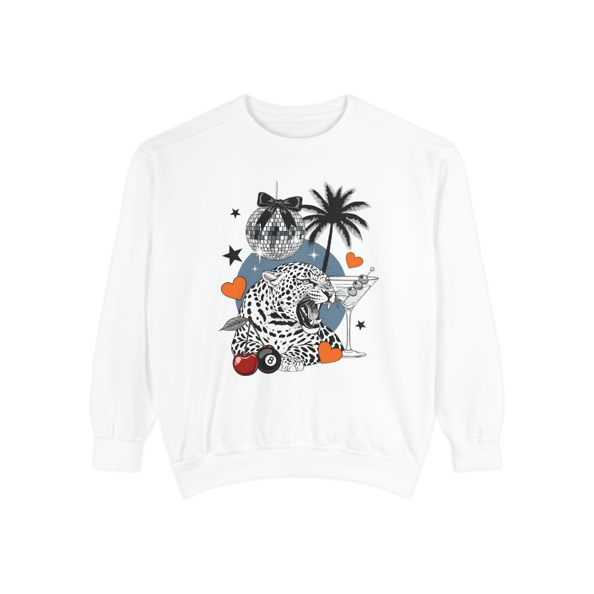 Leopard Palm Tree Graphic Sweatshirt – Tropical Retro Heart Design