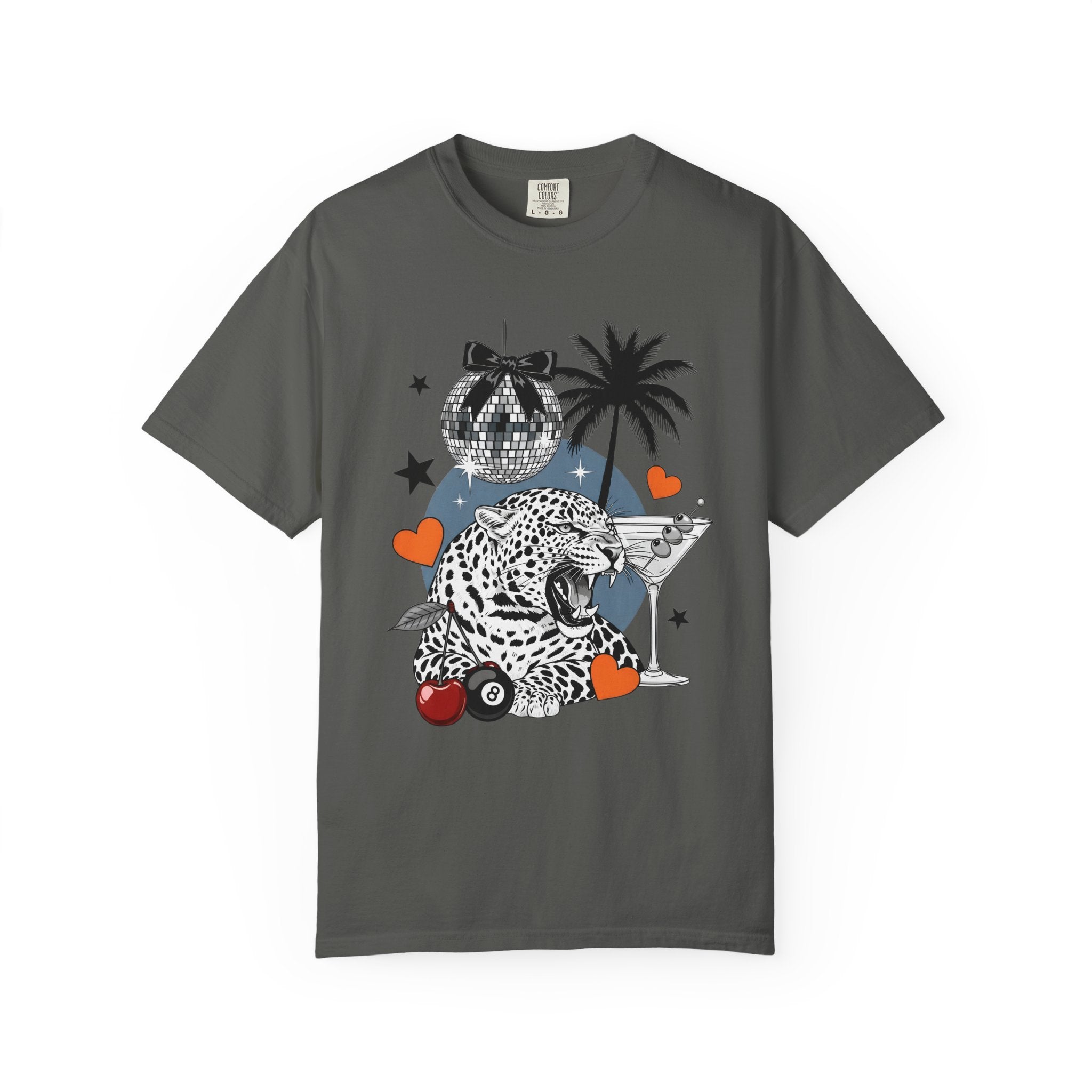 Graphic T-Shirt — Retro Disco Jaguar Palm Tree Design