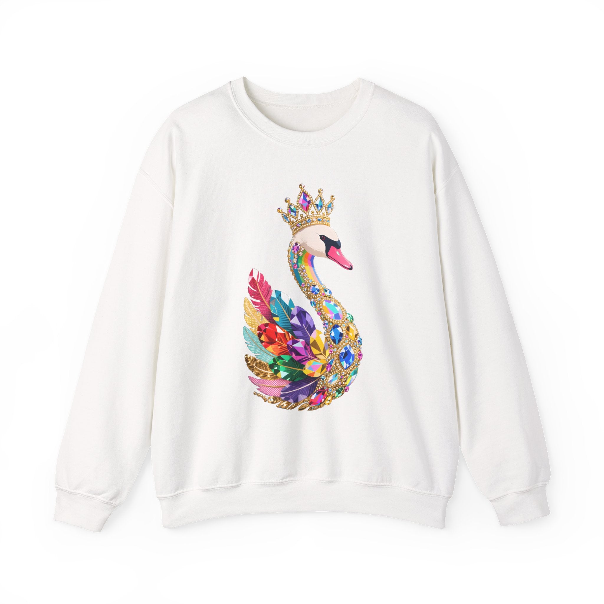 Rainbow Swan Crown Sweatshirt — Colorful Jewel Crewneck