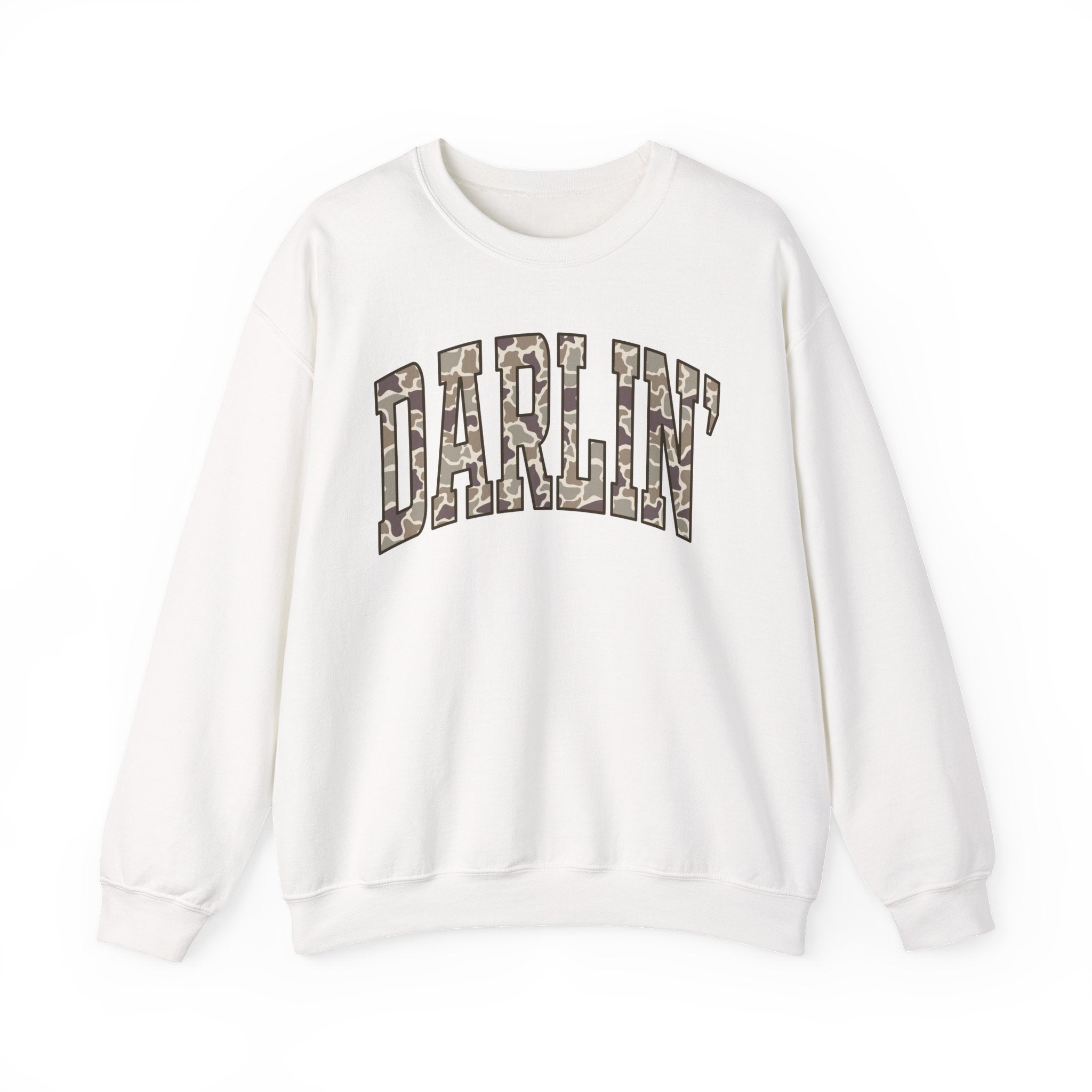 Darlin' Camo Crewneck Sweatshirt — Cozy White Sweater with Camouflage Lettering
