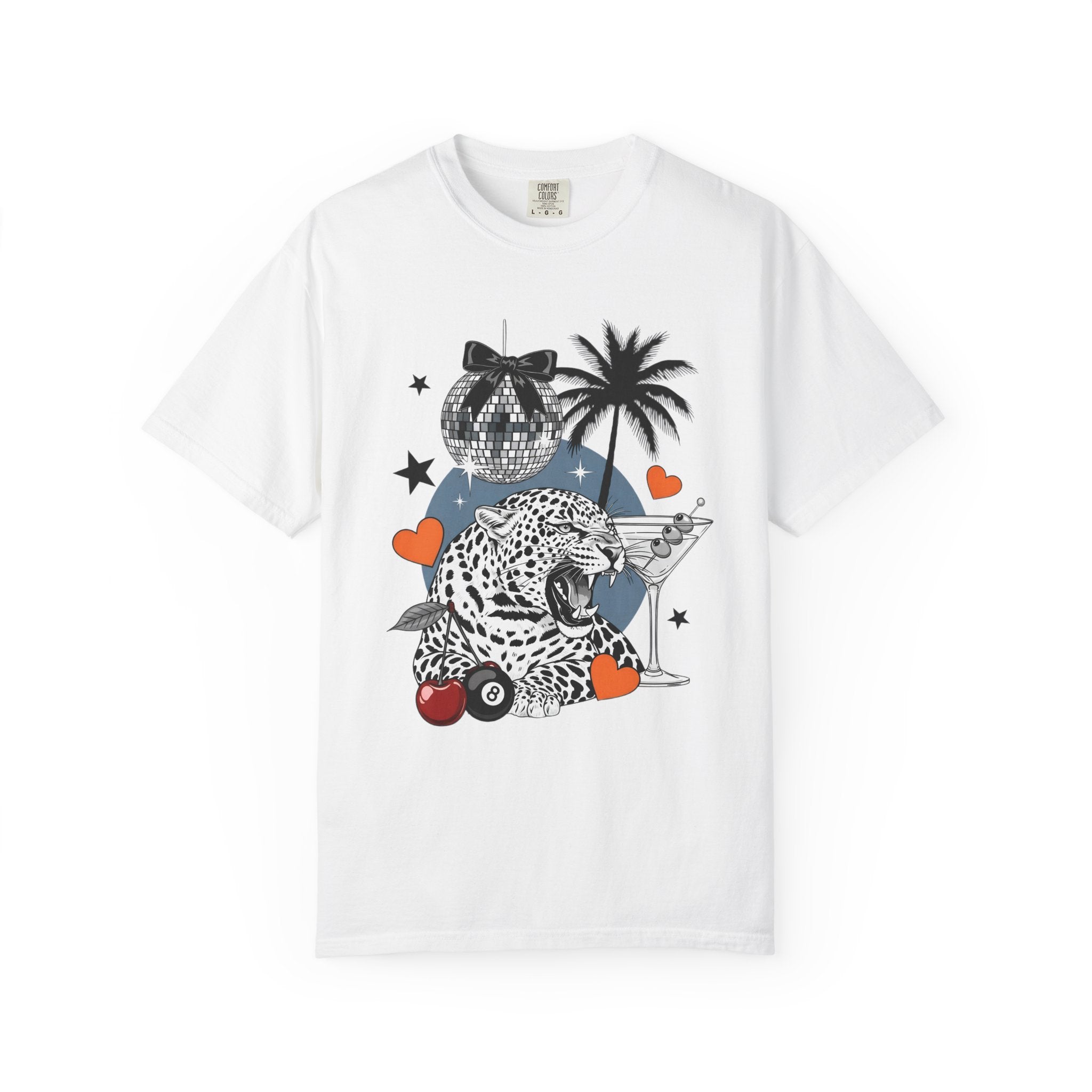 Graphic T-Shirt — Retro Disco Jaguar Palm Tree Design
