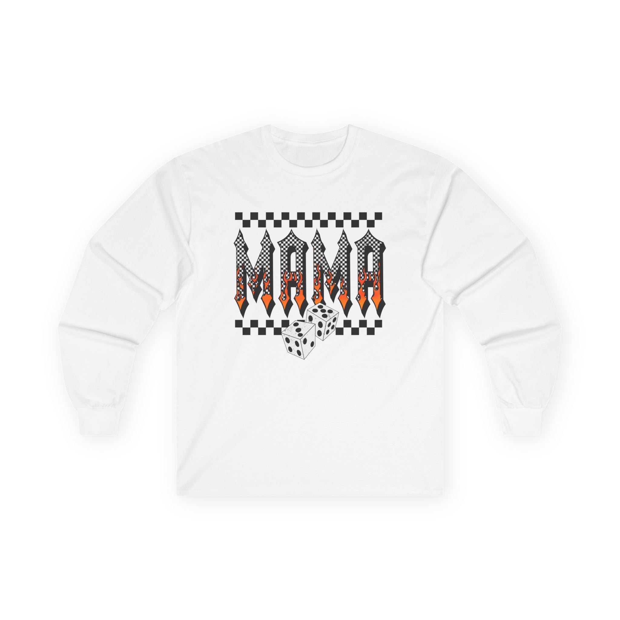 Mama Checkerboard Long Sleeve Tee — Retro Flame Graphic for Moms