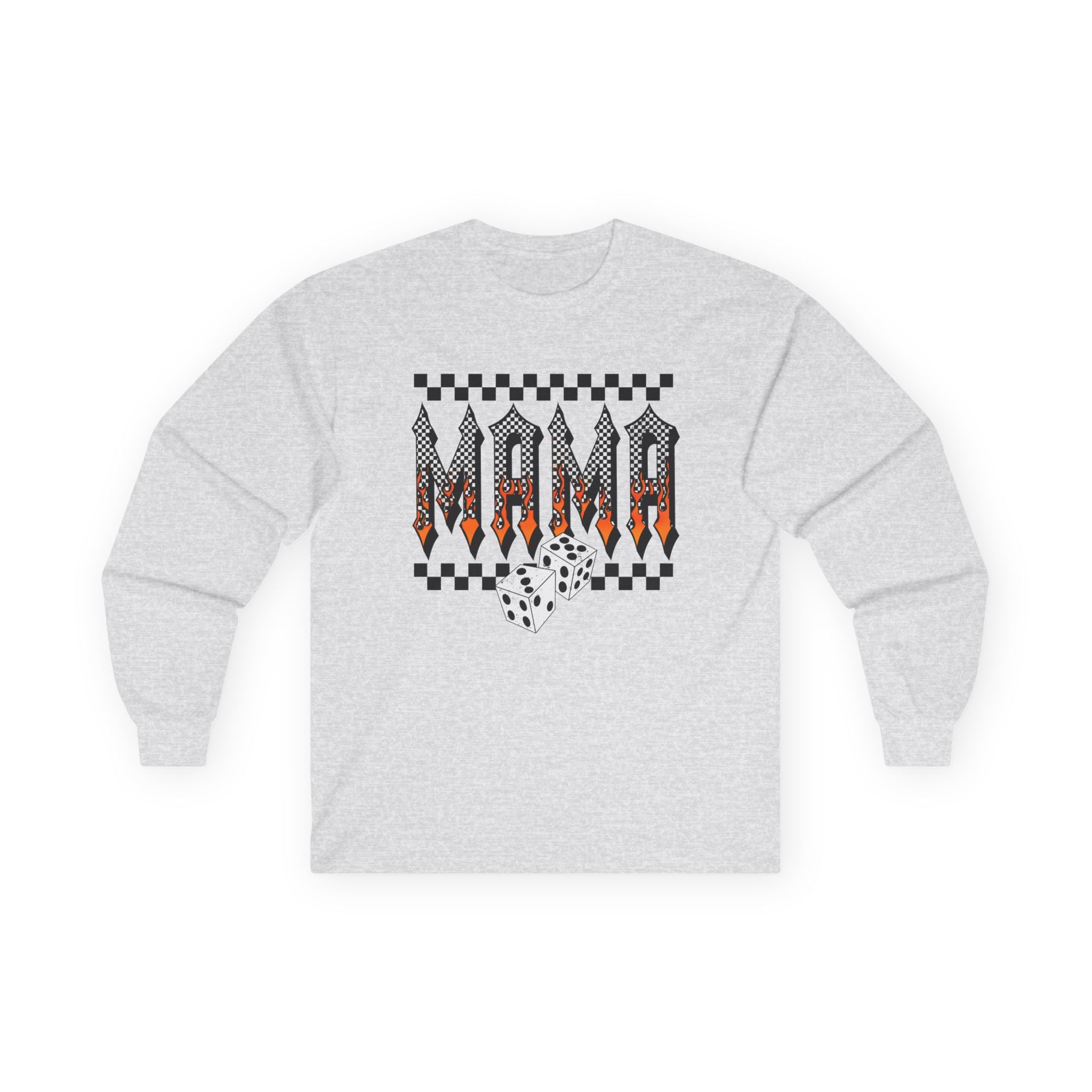 Mama Checkerboard Long Sleeve Tee — Retro Flame Graphic for Moms