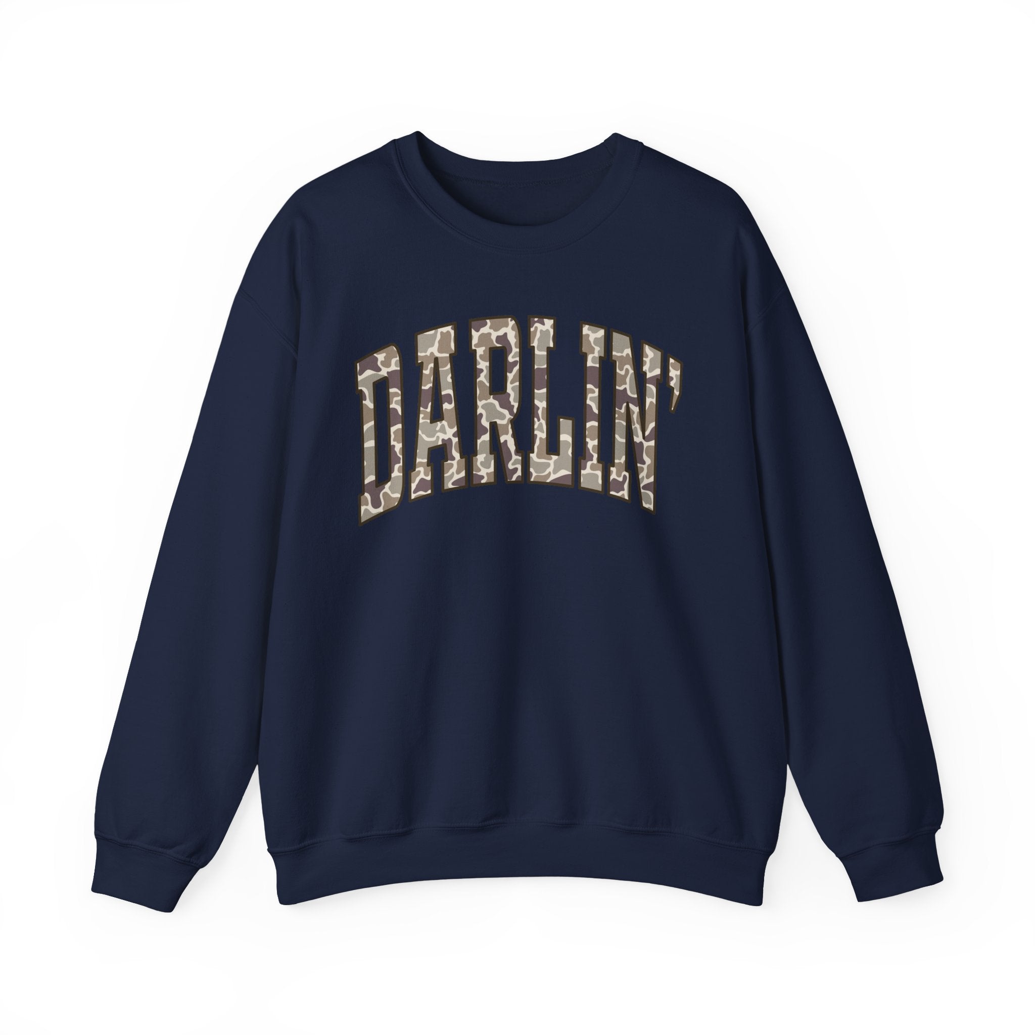 Darlin' Camo Crewneck Sweatshirt — Cozy White Sweater with Camouflage Lettering