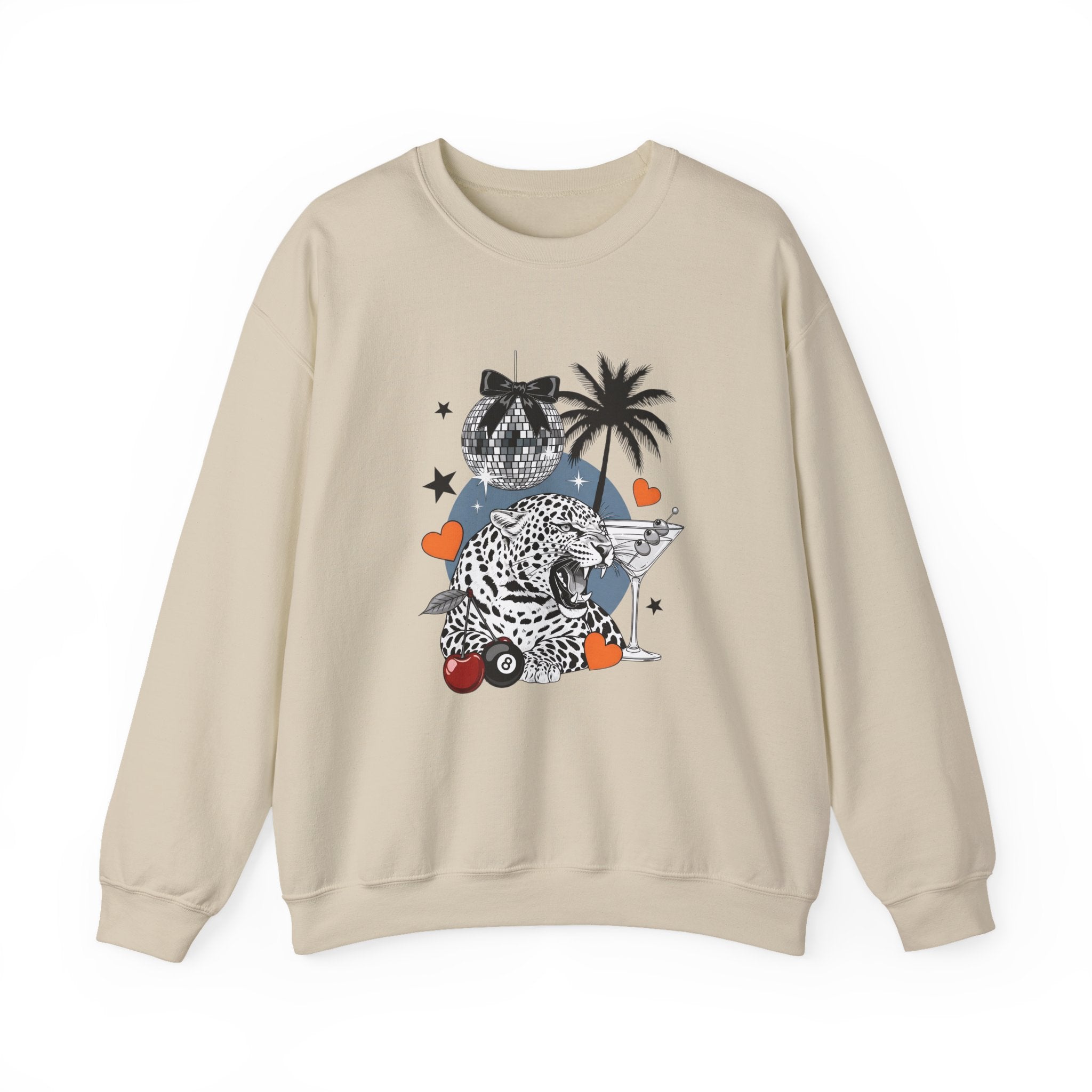 Crewneck Sweatshirt — Retro Disco Leopard Design with Palm Trees & Hearts