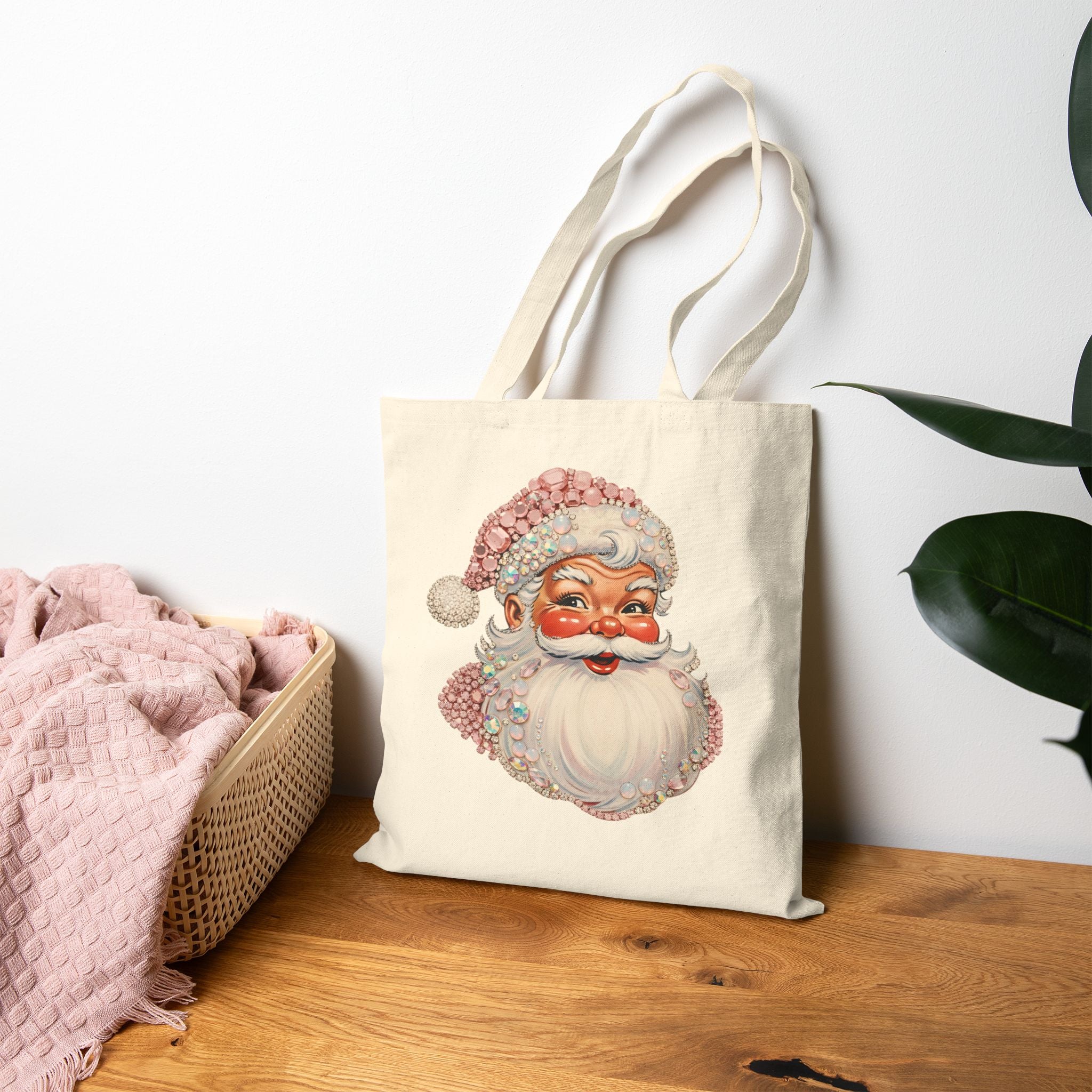 Vintage Santa Tote Bag - Retro Christmas Canvas Grocery Shopper