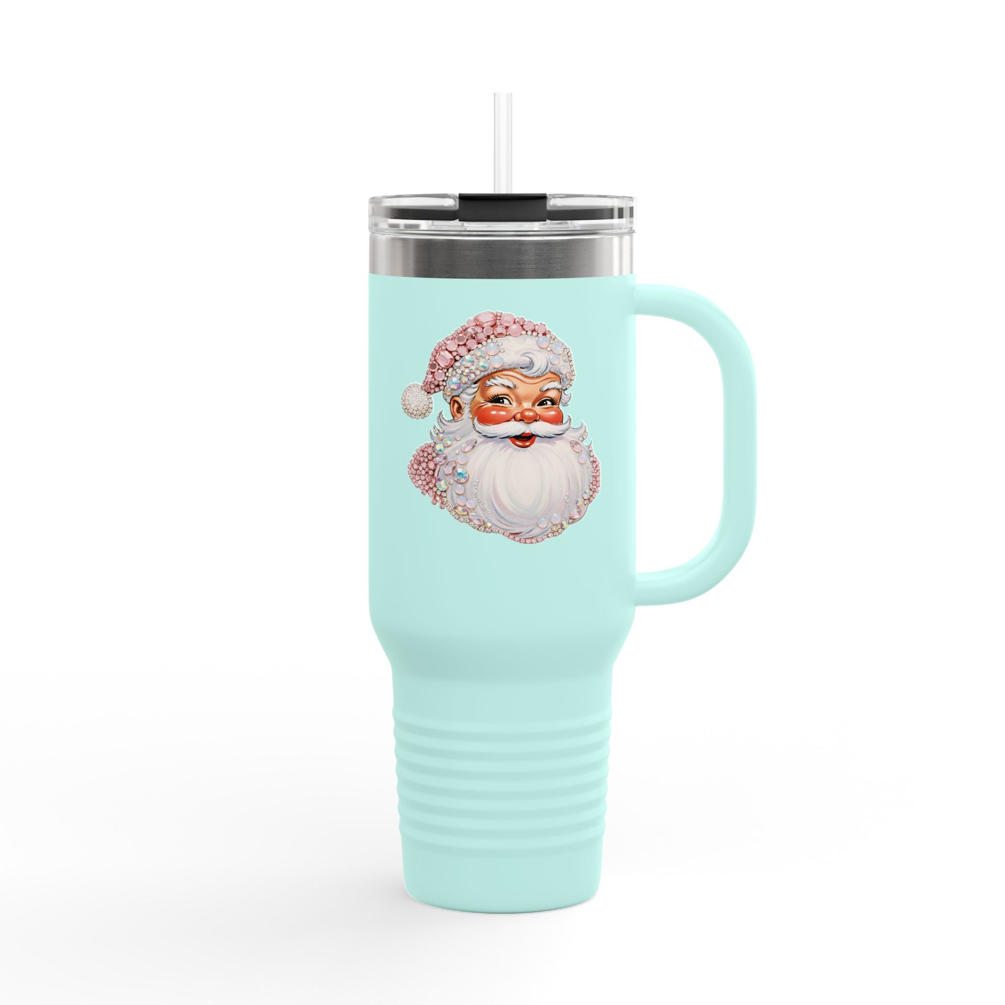 40oz Insulated Travel Mug with Vintage Pink Santa — Holiday Coffee Tumbler