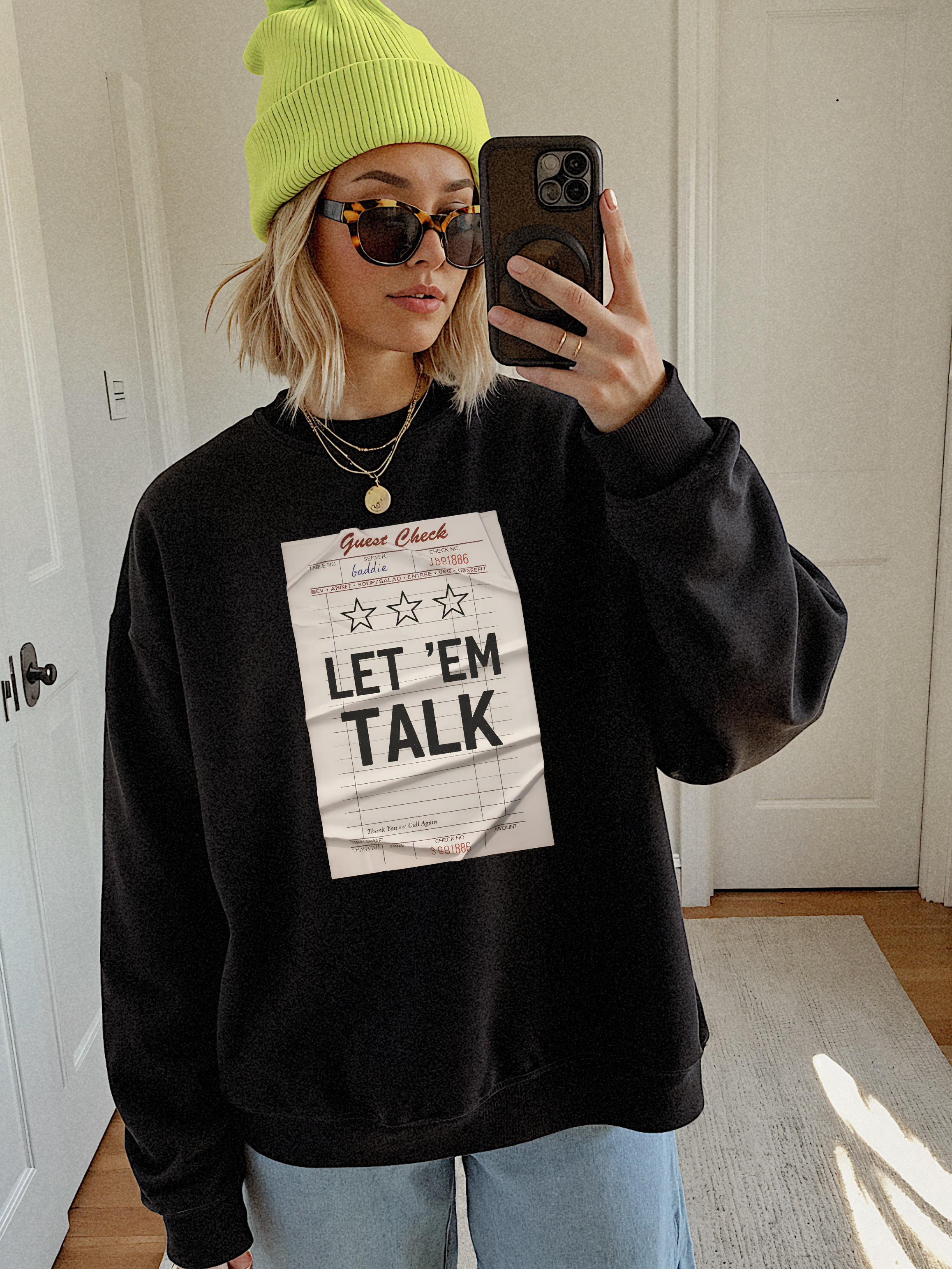 Crewneck Sweatshirt - 'Let 'Em Talk' Vintage Check Graphic