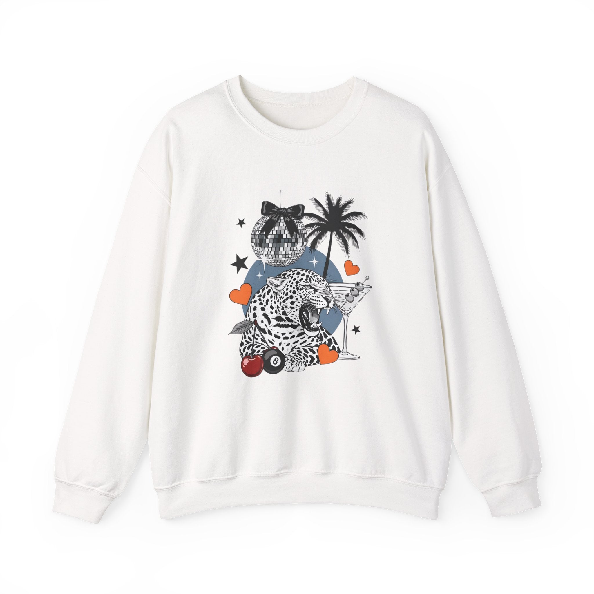 Crewneck Sweatshirt — Retro Disco Leopard Design with Palm Trees & Hearts