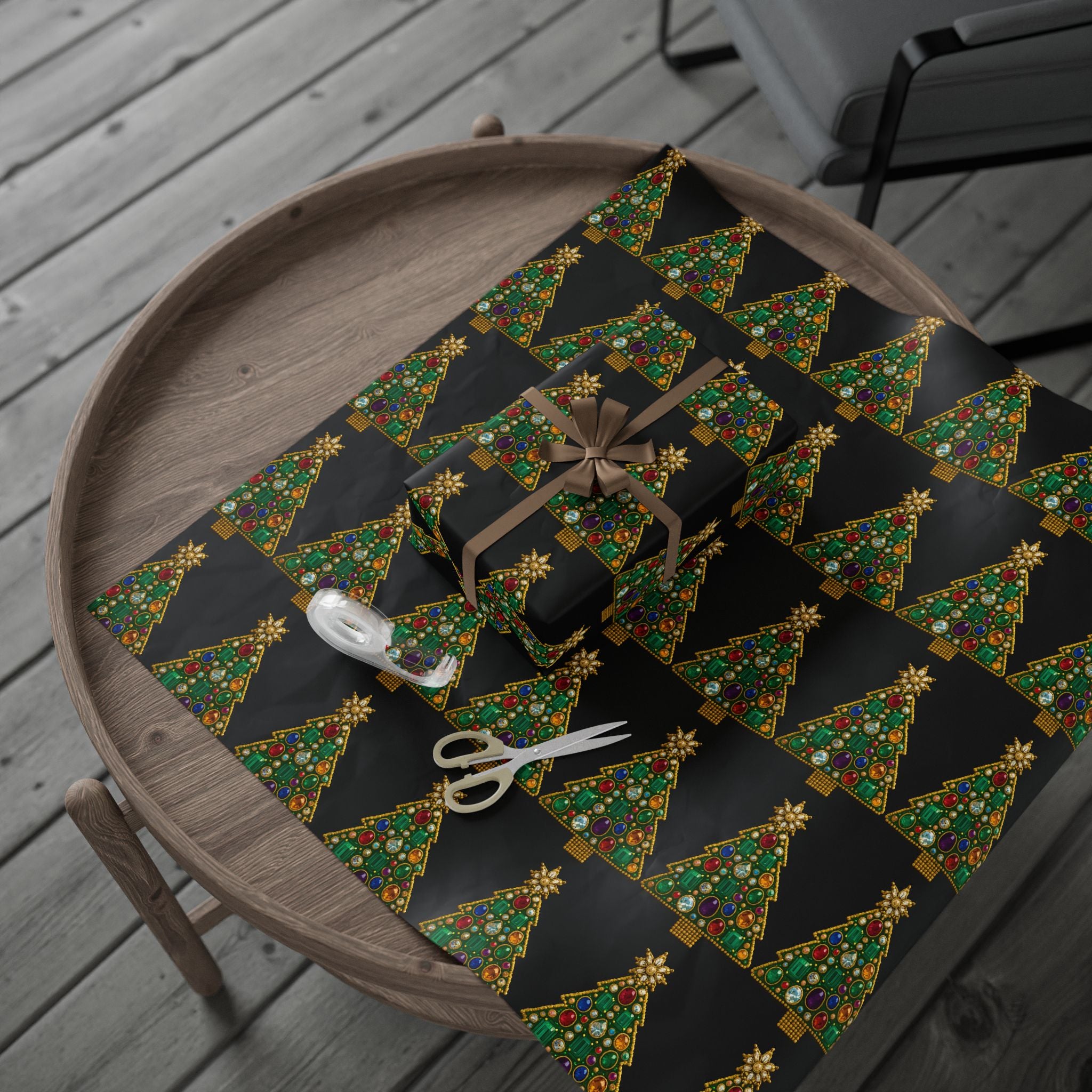 Christmas Tree Jewel Wrapping Paper — Festive Black Holiday Gift Wrap